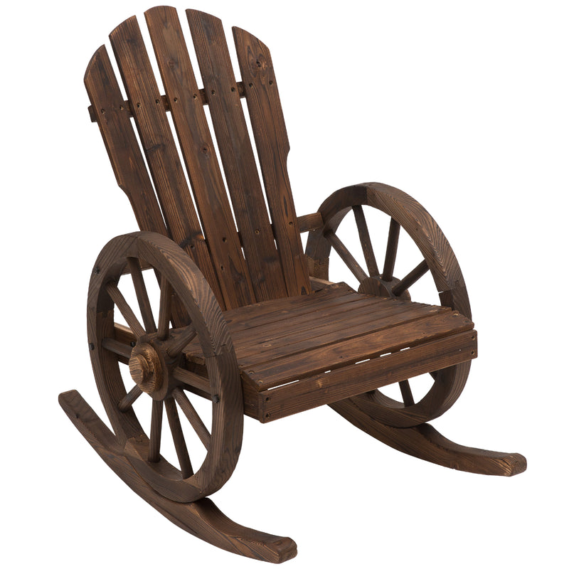 Outsunny Wooden Rocking Chair, Adirondack Rocker Chair w/ Slatted Design and Oversized Back, Outdoor Rocking Chair with Wagon Wheel Armrest for Porch, Poolside, and Garden, Carbonized