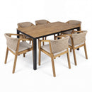 7-Piece Outdoor Dining Set with Acacia Wood Table and 6 Rope Chairs, Beige Cushions, Light Teak Finish