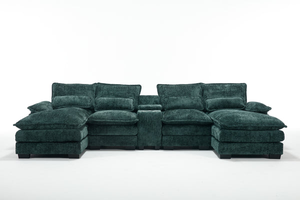 Modern U-shaped Sofa with Console,Cupholders and USB Ports,6-seat Upholstered Symmetrical Indoor Furniture,Sleeper Couch Set with Chaise for Living Room,Apartment,Green