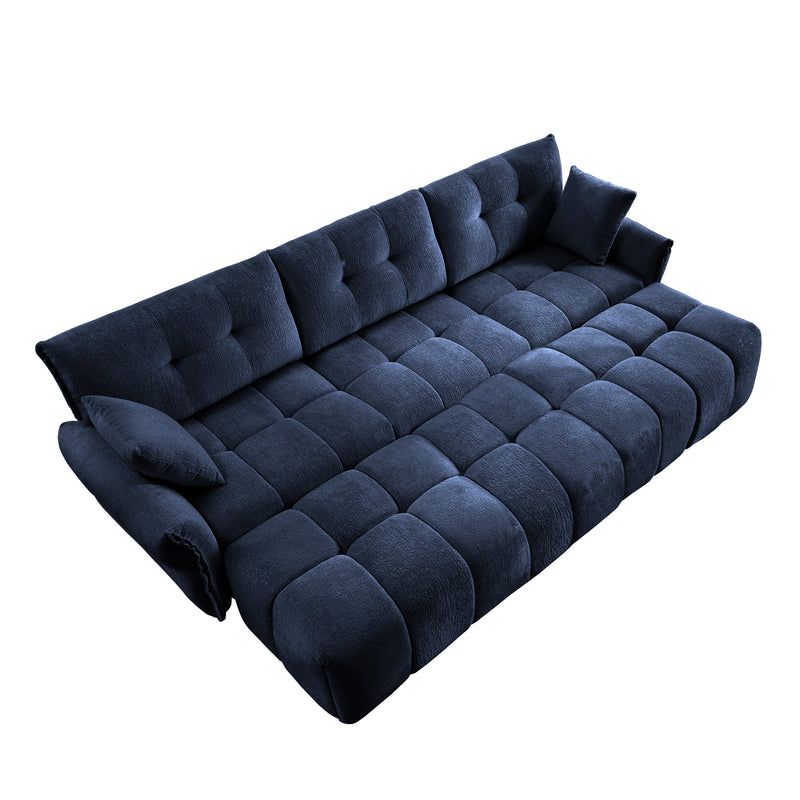 Elegant 3-Seater Sofa Set with 3 Ottomans and Pillows, Sturdy Solid Wood Frame, Blue Chenille