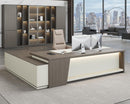 79' L Shaped Executive Desk with Drawers, Modern  Desk with LED & Power Outlets, Large Corner Office Desk Workstation (Smoked Oak & Cream White, Right Return)