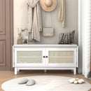TREXM Boho Rattan Entryway Bench with Storage, Cushioned Shoe Bench with Double Doors, Wooden Shoe Organizer Bench for Entryway and Hallway (White+Beige )