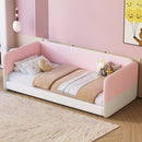 Twin Size Floor Bed with Upholstered Headboard and Armrests, Velvet Floor Bed Frame with Soft and Safe Design, Low Profile Platform Bed with Protective Sides,Pink