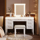 48' Vanity Desk with Mirror and Lights, Makeup Vanity with 7 Drawers and Cushioned Stool, Classic Beige Finish Dressing Table with Hollow Design Drawer for Bedroom, Rubber Wood Legs, Light Beige