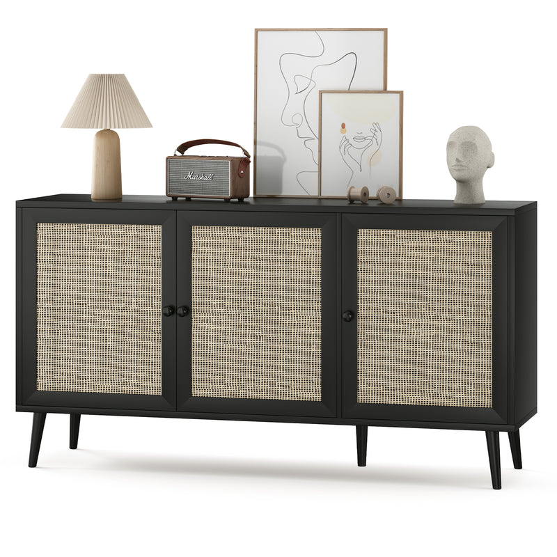 Sideboard Buffet Cabinet with 3 Rattan Doors,Modern Kitchen Storage Console Cabinet for Entryway Living Room (Large,Black)