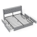 Grey Upholstered Platform Bed Frame with RGB LED Lights, Charging Station & 4 Underbed Drawers, Metal Frame, No Box Spring Needed