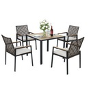 All Weather 5-Piece Patio Dining Table Set, Acacia Wood Table Top with Umbrella Hole, Rattan Outdoor, Coffee Brown