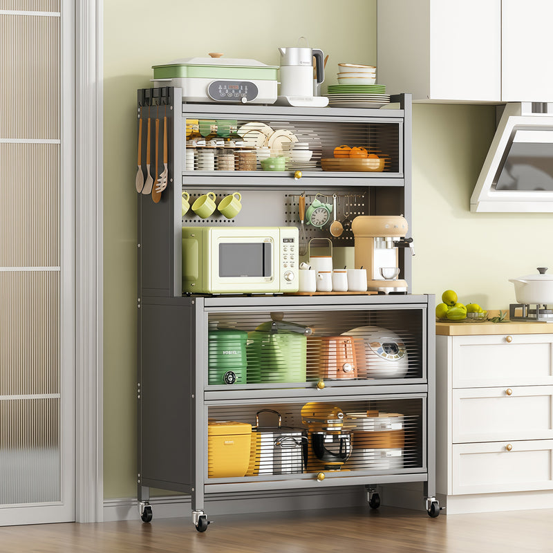 64' Kitchen Pantry Storage Cabinet, 5 Tier Metal Storage Cabinet with Wheels, Transparent Flap Door &  DIY Hole Board , Kitchen Storage Bakers Rack, for Kitchen, Living Room and Dining Room, Gray