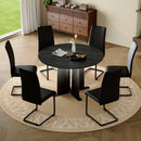 Modern Round Dining Table and 6 Chairs Set, Faux Black Wood Grain MDF Tabletop with Black-White Gradient Legs, Upholstered Black Dining Chairs with Black Metal Frames for Kitchen & Dining Room
