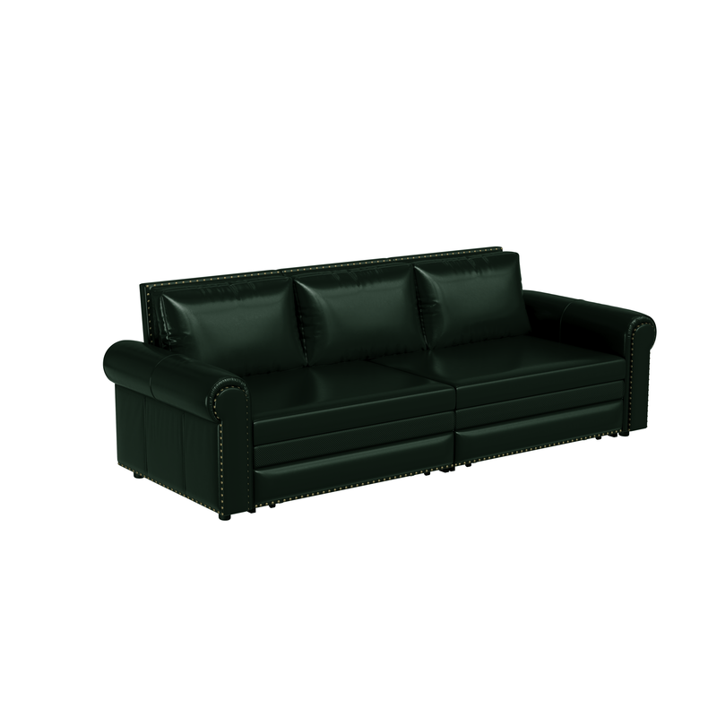 93.7 ' Pull Out Sofa Bed, 3-in-1 Green Faux Leather Convertible Sleeper Sofa with Nailhead Trim & Rolled Arm,Multi-Functional Sofa Bed for Living Room,Bedroom,Apartment,Office