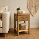 Walnut Ainsley Nightstand Side End Table with Rounded Edge Tabletop, Solid Wood Round Legs, Woven Jute Storage Shelf & Drawer, for Bedroom Living Room