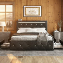 Queen Size Bed Frame with LED Light and 4 Storage Drawers, PU Upholstered Bed Frame with Adjustable Headboard, Diamond Crystal Button, Charging Station, Metal Frame, No Box Spring Needed, Black