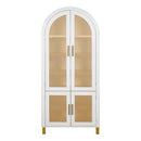Modern Farmhouse Arched Cabinet with Rattan Doors and Adjustable Shelves, White MDF Storage Cabinet for Kitchen, Dining Room, Study, 71' Tall