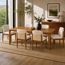 7‑Piece Mid‑Century Dining Set,70' Rectangular Rubber Wood Walnut Finish Table,6 Dining Chairs with Beige Fabric Seat,Woven Rope Back & Brass Accent,Rubber Wood Frame for Kitchen Dining Room