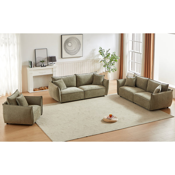 3-Seater + 3-Seater + 1-Seater Combo Sofa Modern Living Room Sofa, Linen Fabric Sofa, Wooden Frame with 5 Pillows, Apartment Sofa Furniture