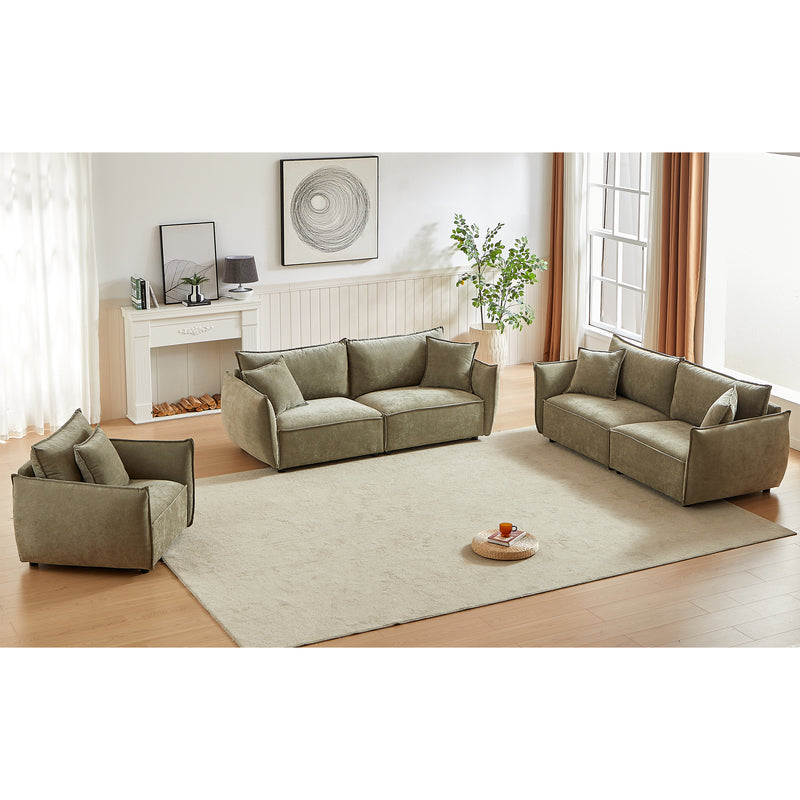 3-Seater + 3-Seater + 1-Seater Combo Sofa Modern Living Room Sofa, Linen Fabric Sofa, Wooden Frame with 5 Pillows, Apartment Sofa Furniture