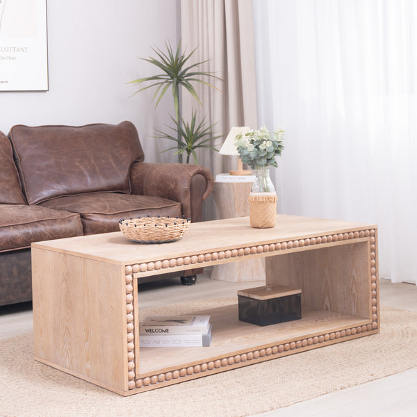 Rustic Beaded Edge Coffee Table – 47.6' Rectangular Center Table with Open Storage Shelf, Natural Finish, Modern Farmhouse Style,