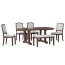 6-Piece Extendable Dining Table Set, 60–78 in. Wood Table with Removable Leaf, 4 Upholstered Chairs and Bench, Cherry Finish