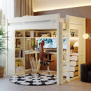 Full Size Solid Wood Loft Bed with L-Shaped Desk and 4 Drawers, Ash Veneer High Loft Bed with Smart APP Control LED Light Strip, USB Charging Ports and 4-Tier Open Shelves, White