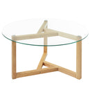 Round Glass Coffee Table Modern Cocktail Table Easy Assembly with Tempered Glass Top & Sturdy Wood Base, Natural