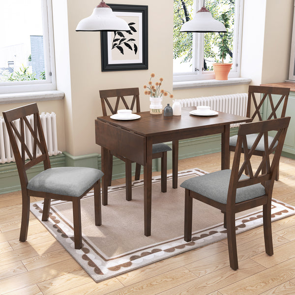 Foldable Dining Table Set for Small Space, 5 Piece Extendable Dining Set Farmhouse Style, Small Kitchen Table Set with Drop Leaf Dining Table and 4 Dining Upholstered Chairs, Brown