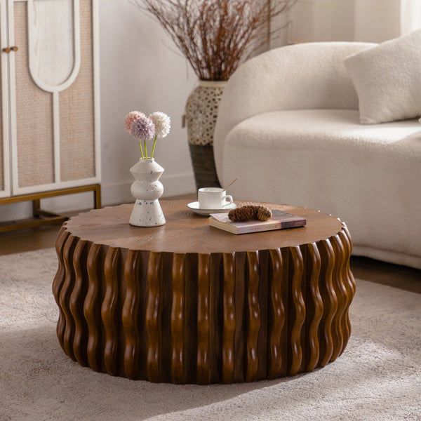 Drum Fluted Modern Round Coffee Table, Mid Century Circle Center Coffee Tables with Sturdy Pedestal, for Bedroom Apartment Living Room Farmhouse.