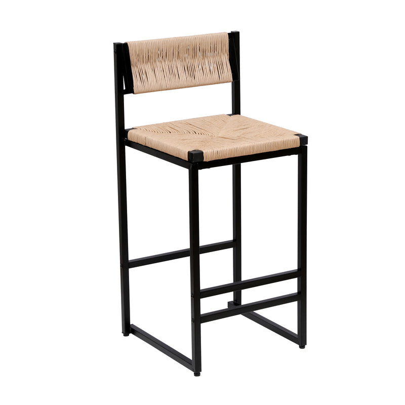 Creamy White Paper Rope Woven Bar Stools Set of 2 with Footrest for Kitchen Island, Dining Room