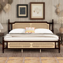 King Pine wooden Bed with Rattan Headboard  and Footboard, with  Central Enhanced Bed Platform ,Espresso
