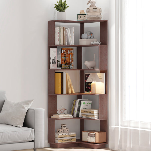 6 Tier Freestanding L-Shaped Corner Bookshelf For Living Room, Bedroom, Wooden Bookcase with anti-drop panle and anti tipping device, Display shelf Open storage rack Organizer for Home Office DARK RED