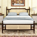 Queen Pine wooden Bed with Rattan Headboard  and Footboard, with  Central Enhanced Bed Platform ,Espresso