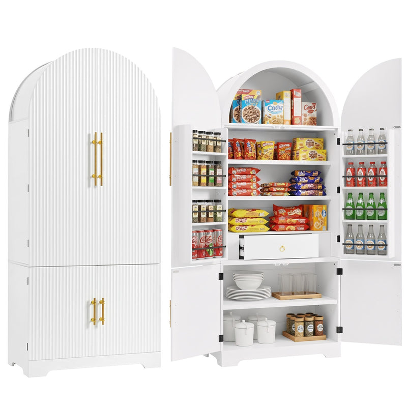 K&K 72' Tall Arched Kitchen Pantry Cabinet with 8 Door Shelves, Fluted Storage Cabinets with 3 Adjustable Shelves, Hidden Drawer, Versatile Cupboard for Kitchen, Dining & Bath Room, White