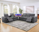 5-Seater Air Leather L-Shaped Powered Recliner Sofa Set with Motorized Lift Cabinet, Multi Functions Sectional Couch Blue Tooth HiFi Subwoofer Speakers, Colorful Ambient LED, Touch Lamp, Dark Gray