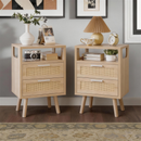 Set of 2 with 2 Drawers, 15.4' Modern Storage Bedside Table with Golden Metal Handles, Wooden End Table for Bedroom,Natural Wood