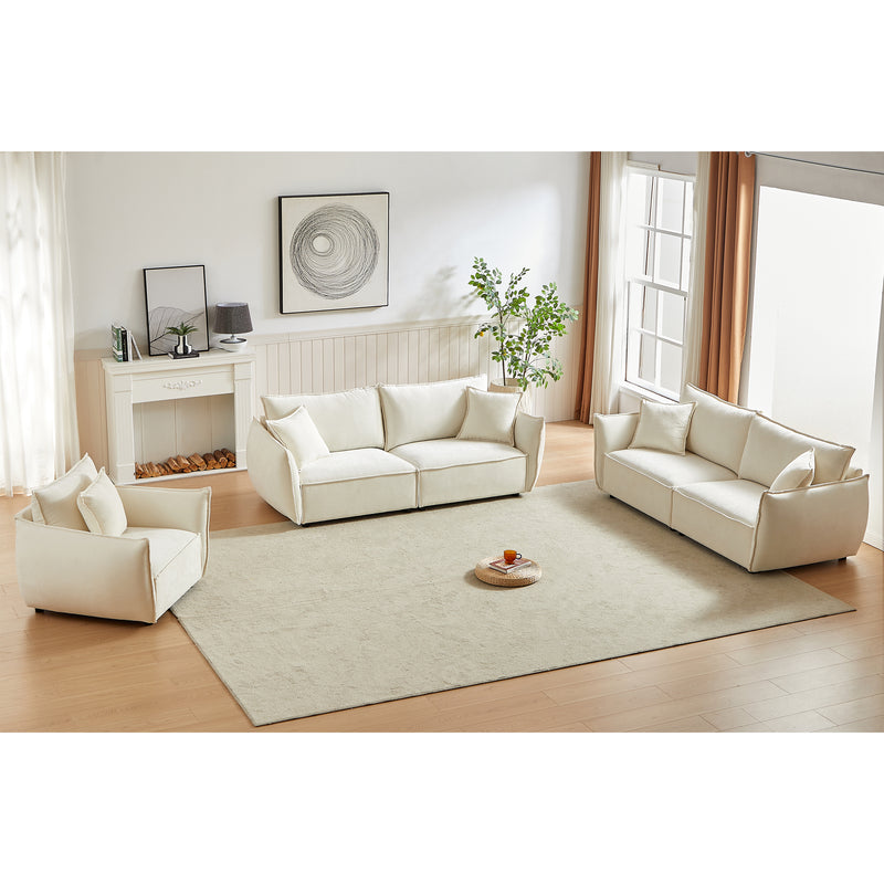 3-Seater + 3-Seater + 1-Seater Combo Sofa Modern Living Room Sofa, Linen Fabric Sofa, Wooden Frame with 5 Pillows, Apartment Sofa Furniture