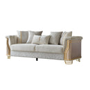 Chateau Two-Tone Wood Upholstery Sofa with Modern Flawless Design, Stainless Steel Gold Accents, and Cream Finish
