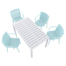 Four pcs Modern Stackable Plastic Armchair Matched with 55-Inch White Long Table,Light Baby Blue/White21.26*20.08*31.5(in) /55.12*31.5*29.53 (in),pp,metal