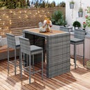 <Old SKU: FG201216AAE> GO 5-pieces Outdoor Patio Wicker Bar Set, Bar Height Chairs With Non-Slip Feet And Fixed Rope, Removable Cushion, Acacia Wood Table Top, Brown Wood And Gray Wicker