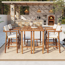 6 Piece Outdoor Bar Set, 2 Patio Acacia Wood Bar Height Table & 4 Stools with Cushions, Wood Dining Bar Set for Backyard, Poolside, Balcony, Beige Cushions