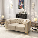 61.8' Light Luxury 2-Seater Modular Chesterfield Sofa, Faux Leather Couch with Handmade Button Tufted, Metal Trim Armrests & Thin Metal Legs, Includes 2 Pillows for Living Room, Apartment, Beige/White