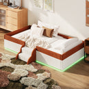 Twin Size Upholstered Floor Bed with Fence, 2-Tier Steps and Smart LED Lights,Brown+White
