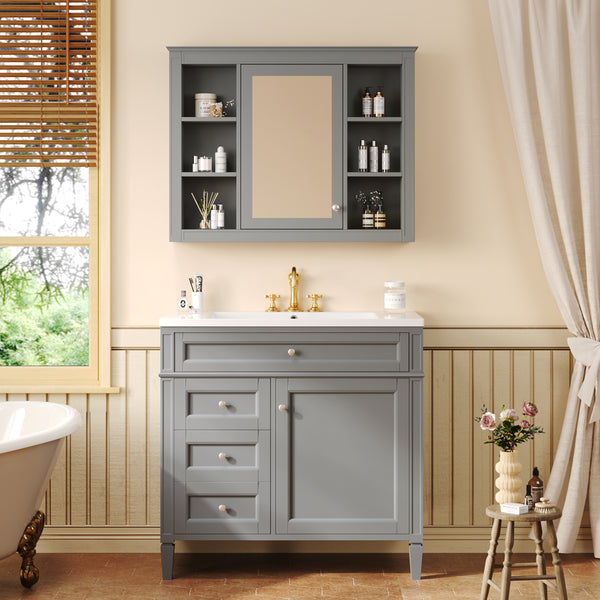 36'' Bathroom Vanity with  Medicine Cabinet, Modern Bathroom Storage Cabinet with 2 Soft Closing Doors and 4 Drawers, Single Sink Bathroom Vanity