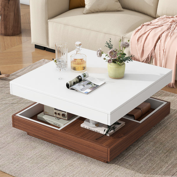 ON-TREND Modern Square 360°Rotating Coffee Table with Three Detachable Tray, 2-Tier Farmhouse Wood Center Table with Storage for Living Room, White, 27.5*27.5in
