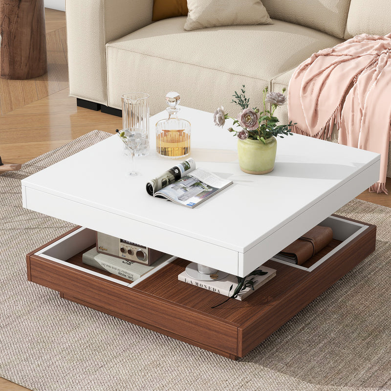ON-TREND Modern Square 360°Rotating Coffee Table with Three Detachable Tray, 2-Tier Farmhouse Wood Center Table with Storage for Living Room, White, 27.5*27.5in