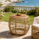 Acacia Wood Outdoor Side Table with Wicker Base - Light Brown, Round 16.15' Outdoor Accent for Patio, Garden, Balcony & Indoor Use