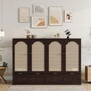 Queen Size Murphy Bed, Pine Wood Cabinet Bed with Power Station and Rattan Decoration Panel,Espresso