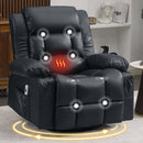 360° Swivel Rocker Recliner for Adults, Nursery Glider Recliner with Vibration Massage and Heat,Rocking Chair with Cup Holder, Manual Recliner Chair for Living Room, Bedroom (Leather,Black)