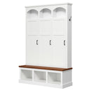 Classic Arched Design Hall Tree with 3 Hidden Storage, Farmhouse Mudroom with Walnut Bench, Mid-Century All-in-One Entryway Organizer with 5 Hooks for Hallway, White