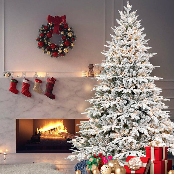 5ft Pre-Lit Flocked Artificial Christmas Tree with 300 Warm White Incandescent Lights, 1419 Tips, Snowy PE+PVC Hinged Pine with Partial Memory Wire Branches, Foldable Metal Stand for Holiday Dec