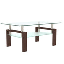 Rectangle Walnut Glass Coffee Table Modern Side Center Table for Living Room, Transparent Tempered Glass with Iron Tube