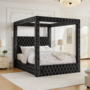 Canopy Bed Frame King Size, Velvet Upholstered Platform Bed with Button Tufted Headboard, Built-in Bluetooth Speaker, USB-A & USB-C Charging Ports, Heavy Duty Mattress Foundation, Black